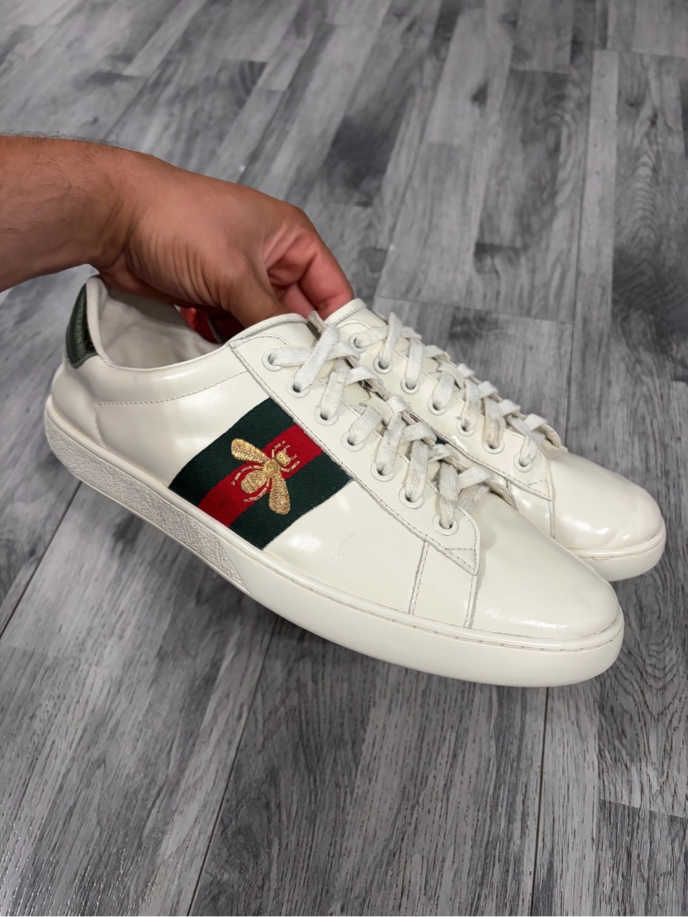 Gucci Ace White Leather Sneakers with Green & Red Stripe and Gold Bee